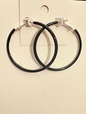 Vintage Black Enamel Silver Tone Hoop Earrings